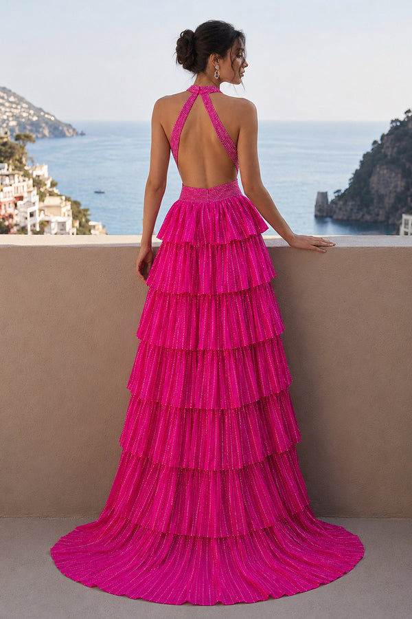 Hot Pink A-Line Halter Satin Beaded Long Prom Dresses With Ruffles - KissProm