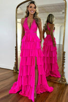 KissProm-Feyla Hot Pink A Line V Neck Satin Beaded Long Prom Dresses With Ruffles