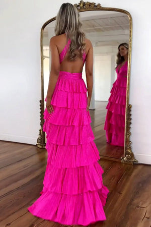 KissProm-Feyla Hot Pink A Line V Neck Satin Beaded Long Prom Dresses With Ruffles