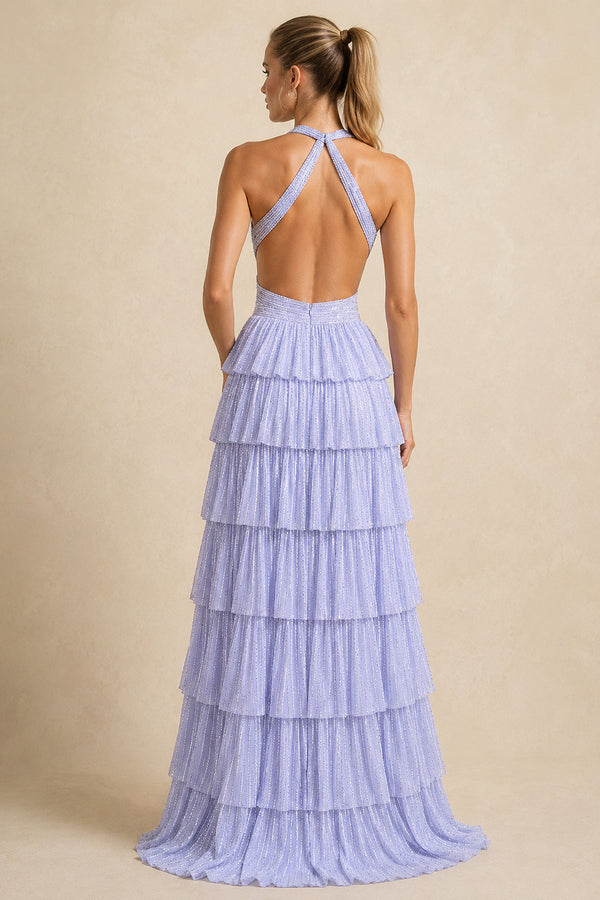 Lavender - A-Line Halter Satin Beaded Long Prom Dresses With Ruffles – Prom Dresses by KissProm | Available at KissProm