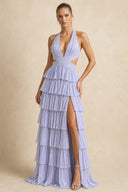 Lavender - A-Line Halter Satin Beaded Long Prom Dresses With Ruffles – Prom Dresses by KissProm | Available at KissProm