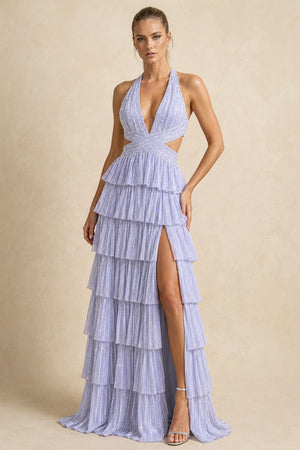 Lavender - A-Line Halter Satin Beaded Long Prom Dresses With Ruffles – Prom Dresses by KissProm | Available at KissProm