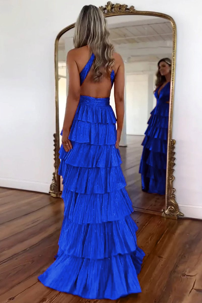 KissProm-Feyla Royal Blue A Line V Neck Satin Beaded Long Prom Dresses With Ruffles