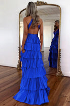 KissProm-Feyla Royal Blue A Line V Neck Satin Beaded Long Prom Dresses With Ruffles