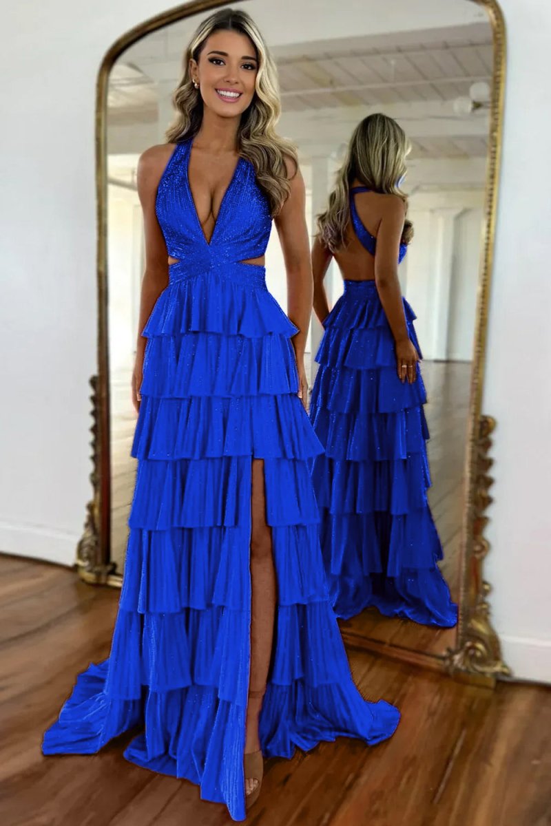 KissProm-Feyla Royal Blue A Line V Neck Satin Beaded Long Prom Dresses With Ruffles