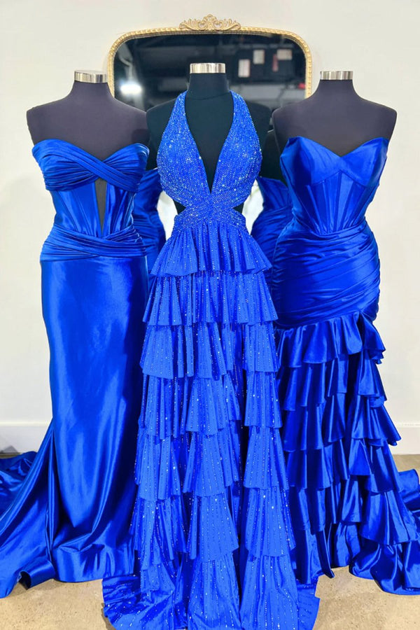 KissProm-Feyla Royal Blue A Line V Neck Satin Beaded Long Prom Dresses With Ruffles