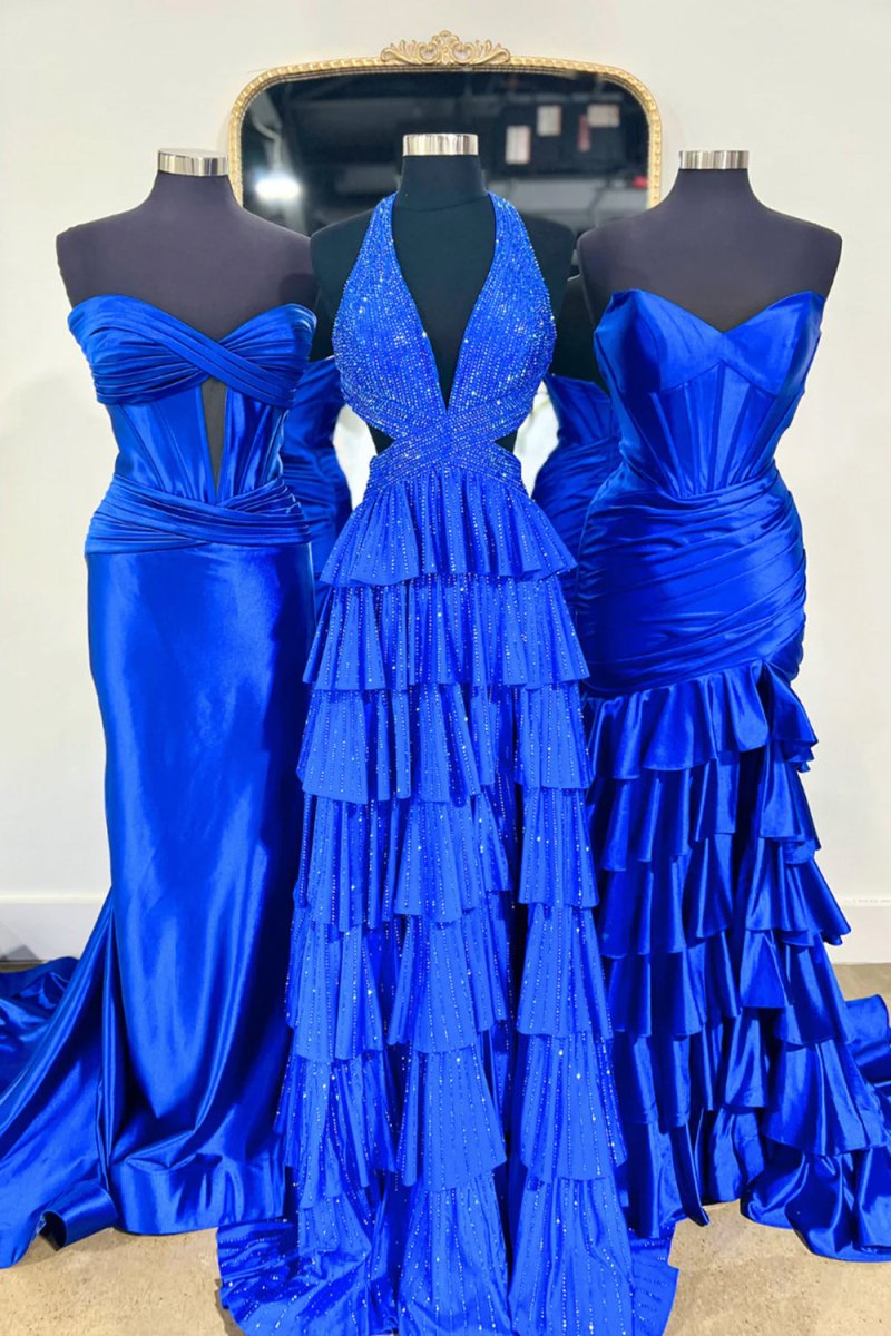 KissProm-Feyla Royal Blue A Line V Neck Satin Beaded Long Prom Dresses With Ruffles
