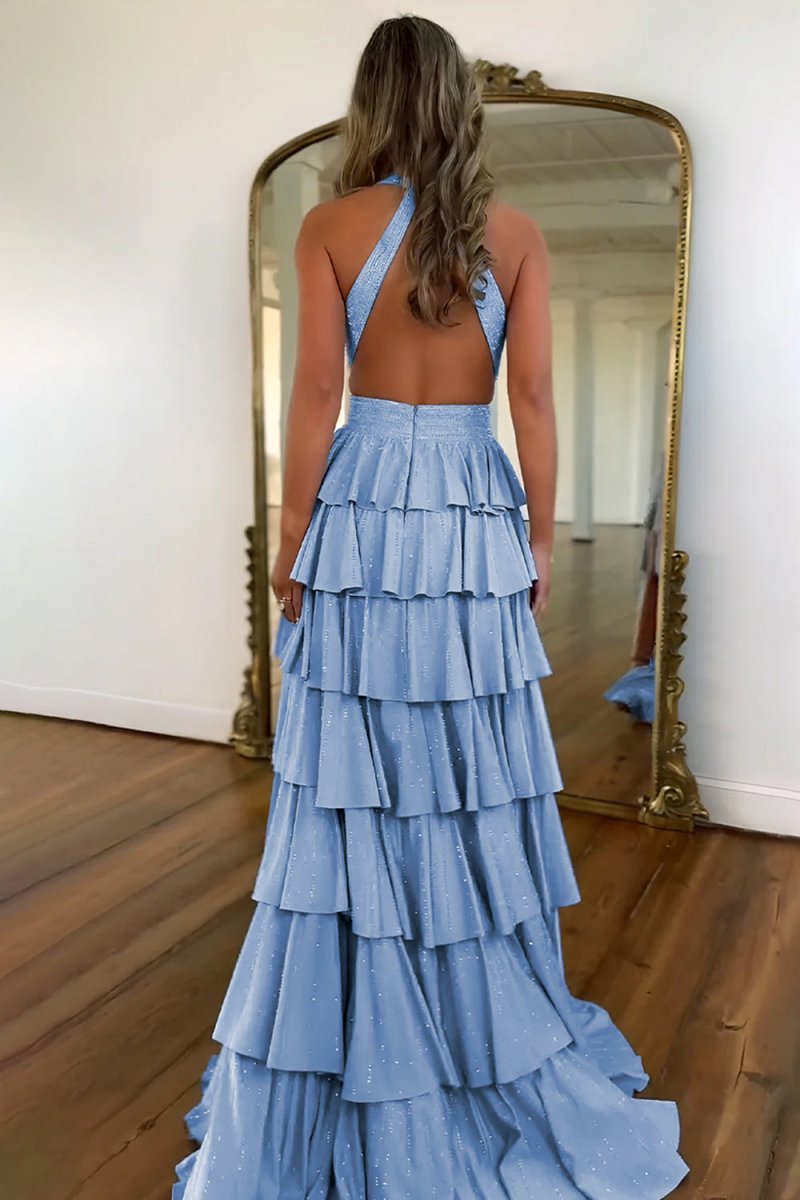 Feyla | Sky Blue - A - Line V Neck Satin Beaded Long Prom Dresses With Ruffles - KissProm