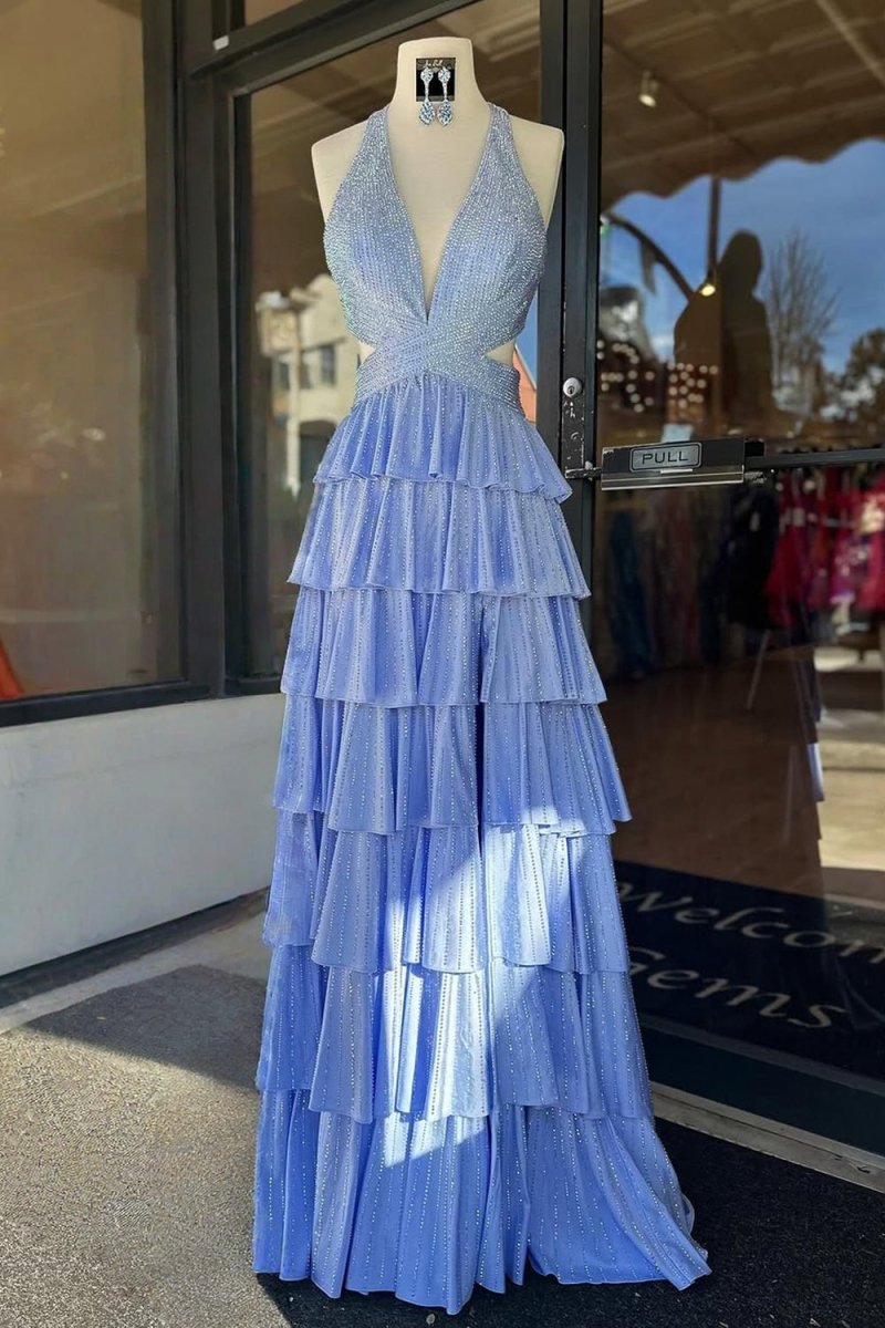 KissProm-Feyla Sky Blue A Line V Neck Satin Beaded Long Prom Dresses With Ruffles