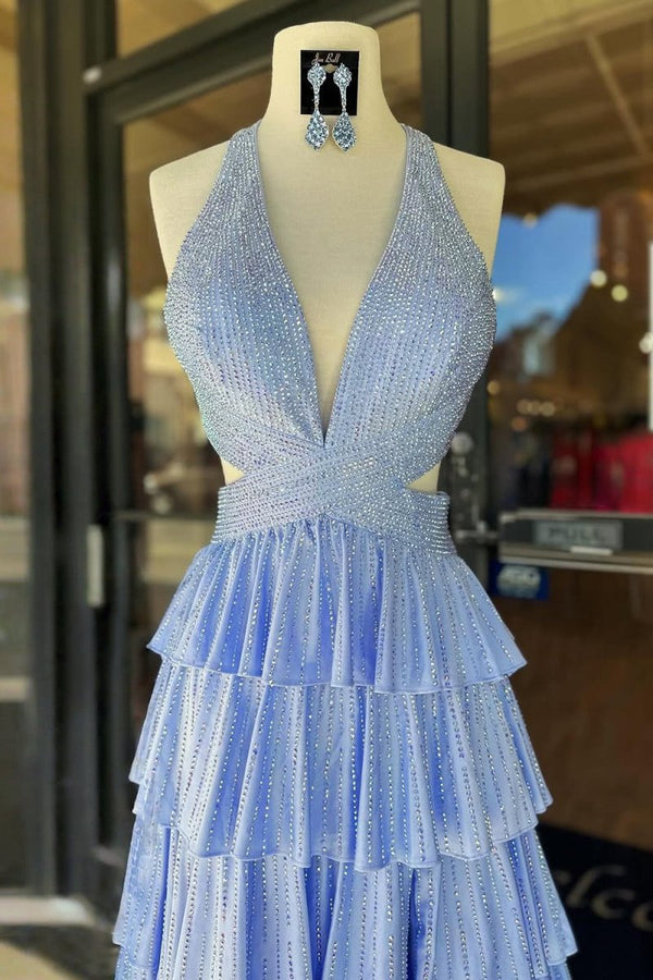 KissProm-Feyla Sky Blue A Line V Neck Satin Beaded Long Prom Dresses With Ruffles