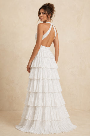 White A-Line Halter Satin Beaded Long Prom Dresses With Ruffles - KissProm
