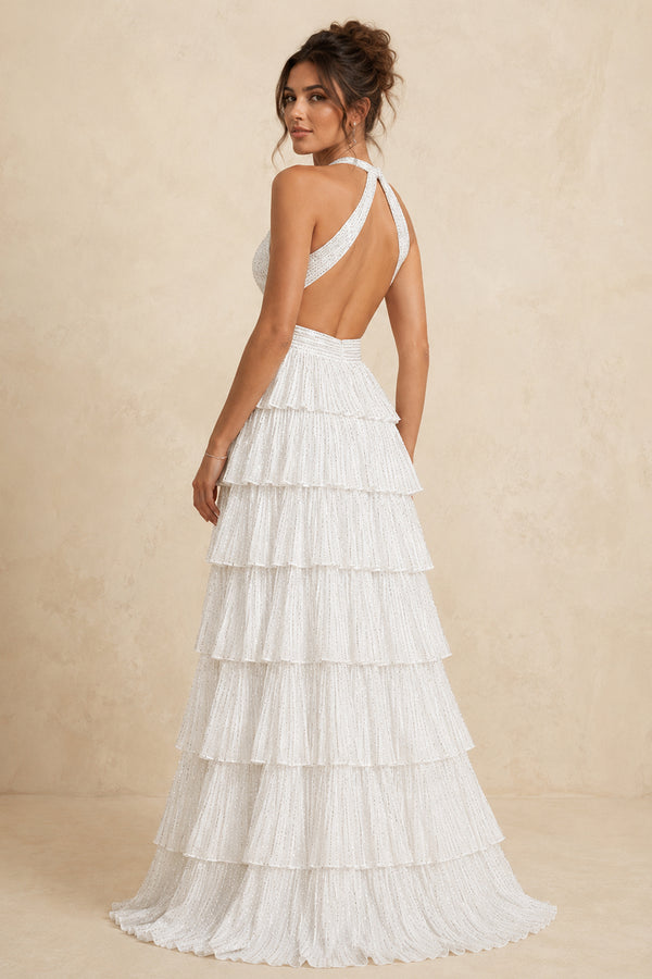 White A-Line Halter Satin Beaded Long Prom Dresses With Ruffles - KissProm