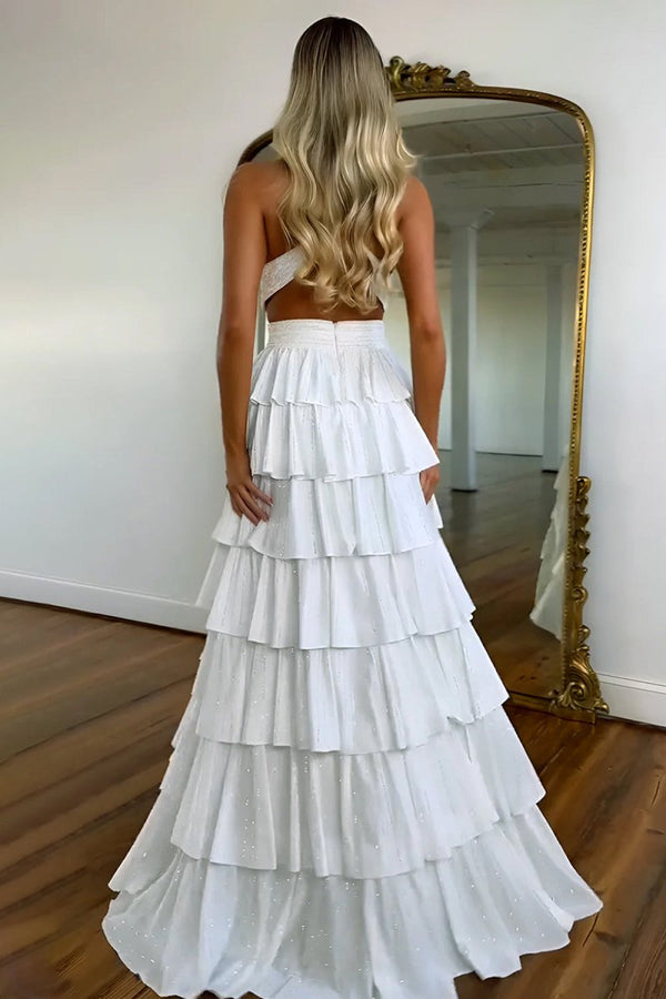 KissProm-Feyla White A Line V Neck Satin Beaded Long Prom Dresses With Ruffles