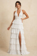 White A-Line Halter Satin Beaded Long Prom Dresses With Ruffles - KissProm