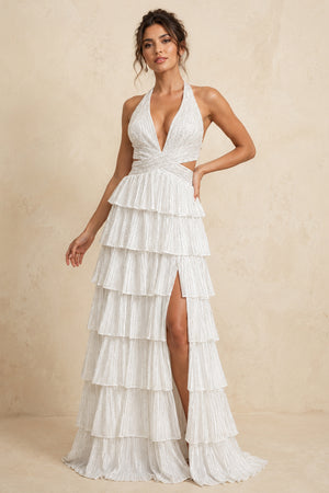 White A-Line Halter Satin Beaded Long Prom Dresses With Ruffles - KissProm