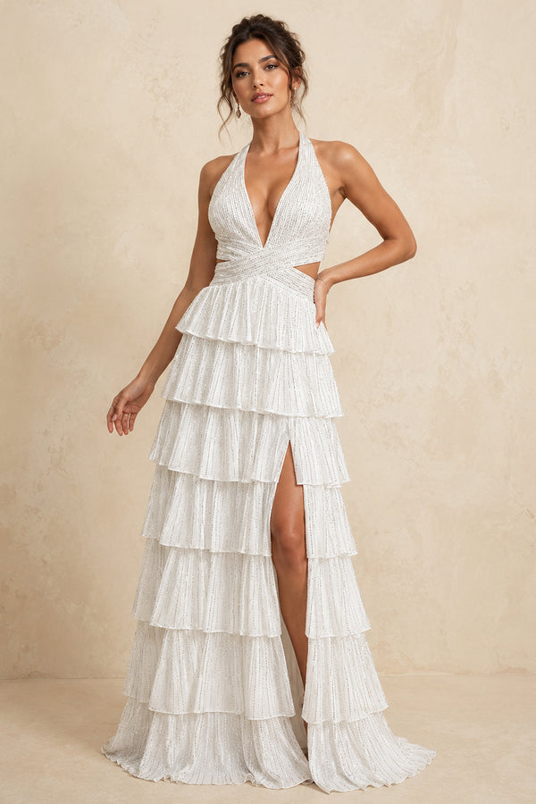 White A-Line Halter Satin Beaded Long Prom Dresses With Ruffles - KissProm