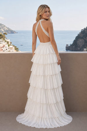 White A-Line Halter Satin Beaded Long Prom Dresses With Ruffles - KissProm