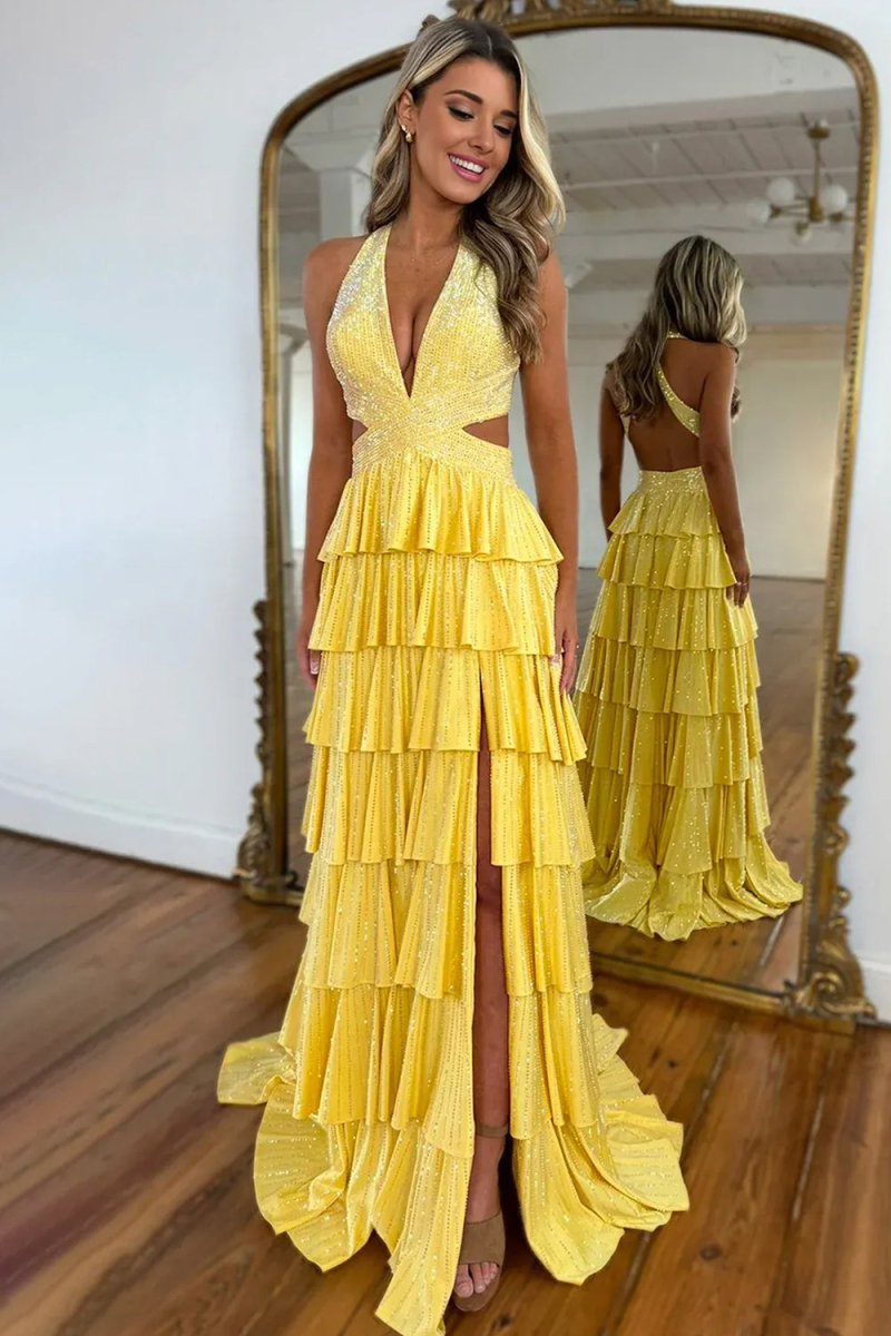 KissProm-Feyla Yellow A Line V Neck Satin Beaded Long Prom Dresses With Ruffles