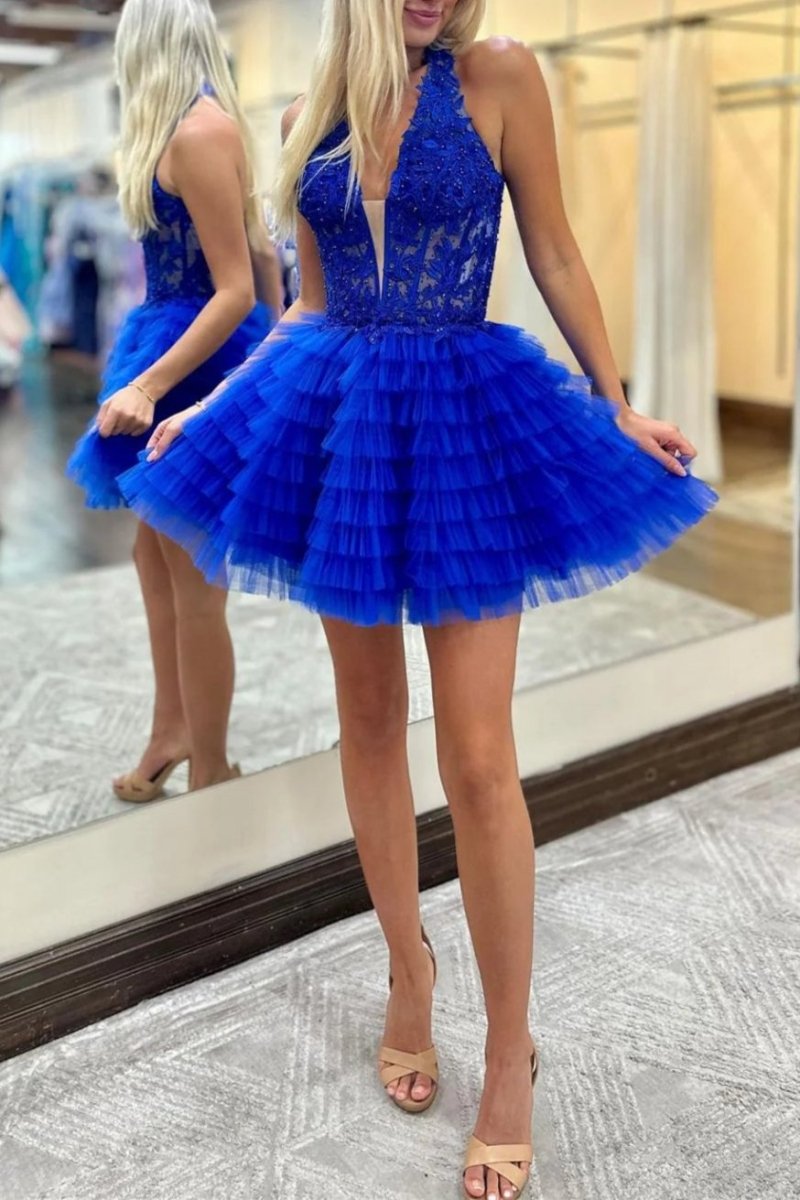 Royal Blue Halter Ruffle Tiered Short Homecoming Dresses Appliques