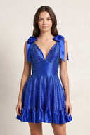 Royal Blue V Neck Satin A Line Beaded Homecoming Dress With Bow - KissProm