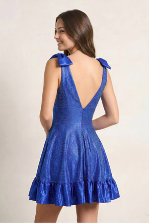 Royal Blue V Neck Satin A Line Beaded Homecoming Dress With Bow - KissProm