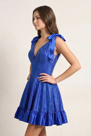 Royal Blue V Neck Satin A Line Beaded Homecoming Dress With Bow - KissProm