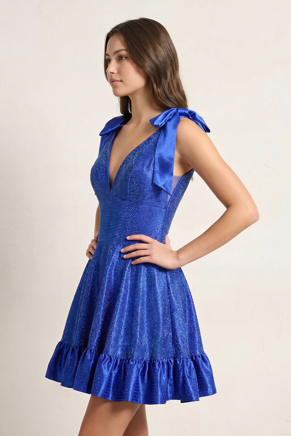 Royal Blue V Neck Satin A Line Beaded Homecoming Dress With Bow - KissProm