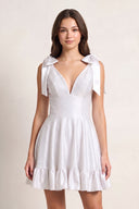 White V Neck Satin A Line Beaded Homecoming Dress With Bow - KissProm