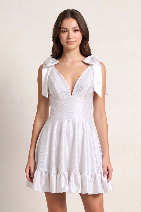 White V Neck Satin A Line Beaded Homecoming Dress With Bow - KissProm