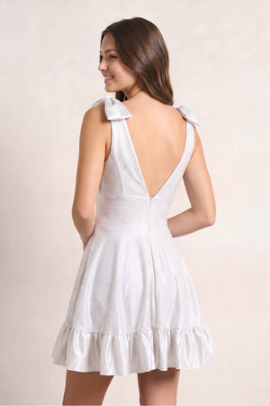 White V Neck Satin A Line Beaded Homecoming Dress With Bow - KissProm