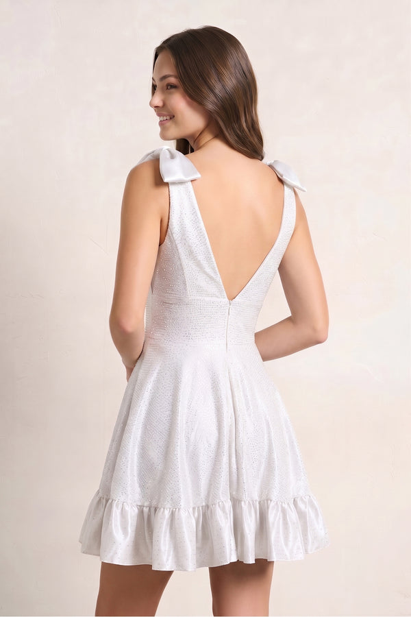 White V Neck Satin A Line Beaded Homecoming Dress With Bow - KissProm