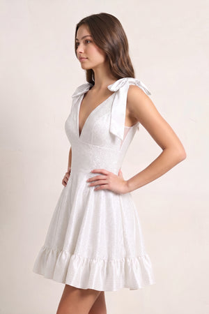 White V Neck Satin A Line Beaded Homecoming Dress With Bow - KissProm