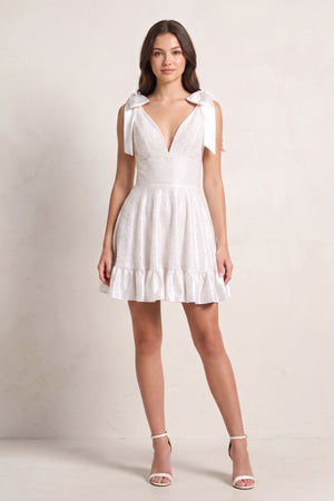 White V Neck Satin A Line Beaded Homecoming Dress With Bow - KissProm