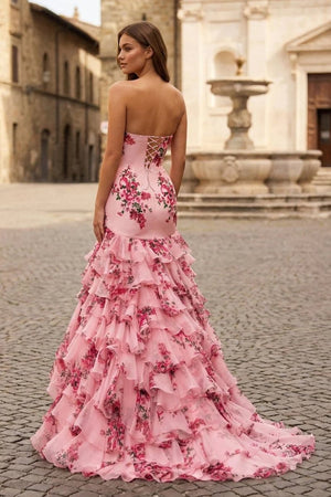 Pink Strapless Sheath Floral Chiffon Ruffles Long Formal Prom Dresses With Bow - KissProm