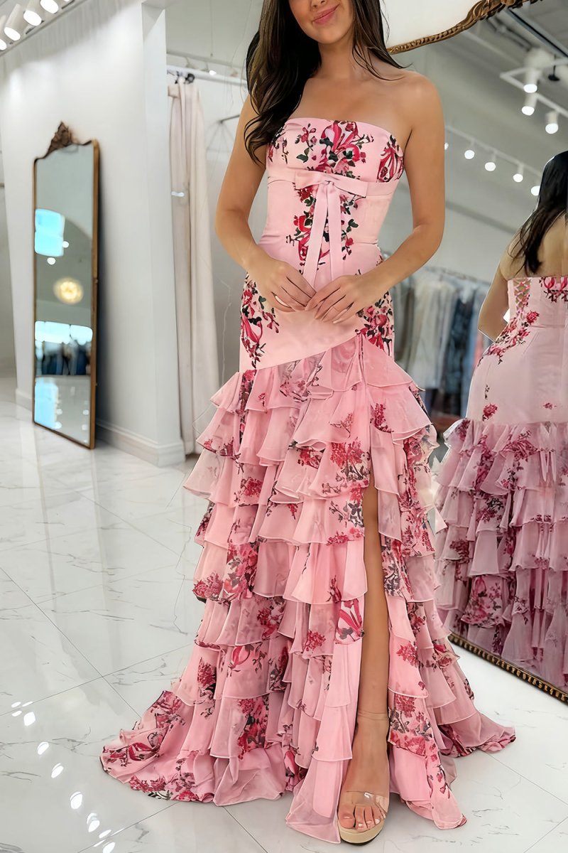 KissProm-Filante Pink Strapless Sheath Floral Chiffon Ruffles Long Formal Prom Dresses With Bow