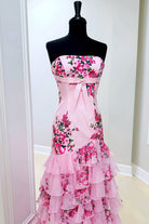 KissProm-Filante Pink Strapless Sheath Floral Chiffon Ruffles Long Formal Prom Dresses With Bow