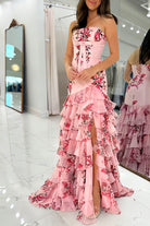 KissProm-Filante Pink Strapless Sheath Floral Chiffon Ruffles Long Formal Prom Dresses With Bow