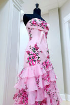 KissProm-Filante Pink Strapless Sheath Floral Chiffon Ruffles Long Formal Prom Dresses With Bow