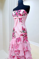 KissProm-Filante Pink Strapless Sheath Floral Chiffon Ruffles Long Formal Prom Dresses With Bow