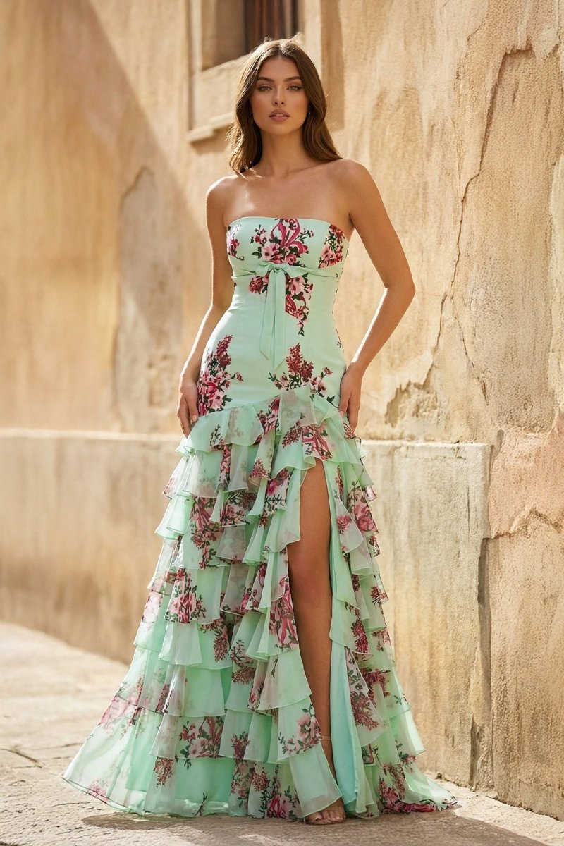 Sage Strapless Sheath Floral Chiffon Ruffles Long Formal Prom Dresses With Bow - KissProm