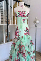 KissProm-Filante Sage Strapless Sheath Floral Chiffon Ruffles Long Formal Prom Dresses With Bow