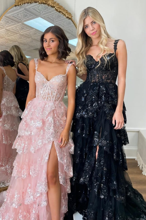 Capri | A-Line Lace Off-the-Shoulder Tiered Long Prom Dress with Slit