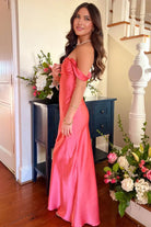 Finara | Coral - Off The Shoulder Sheath Satin Long Prom Dresses - KissProm