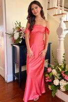 Finara | Coral - Off The Shoulder Sheath Satin Long Prom Dresses - KissProm