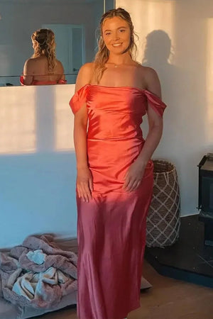Finara | Coral - Off The Shoulder Sheath Satin Long Prom Dresses - KissProm