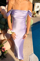 Finara | Coral - Off The Shoulder Sheath Satin Long Prom Dresses - KissProm