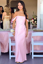 Finara | Coral - Off The Shoulder Sheath Satin Long Prom Dresses - KissProm
