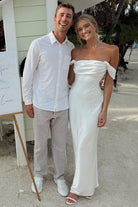 Finara | Coral - Off The Shoulder Sheath Satin Long Prom Dresses - KissProm