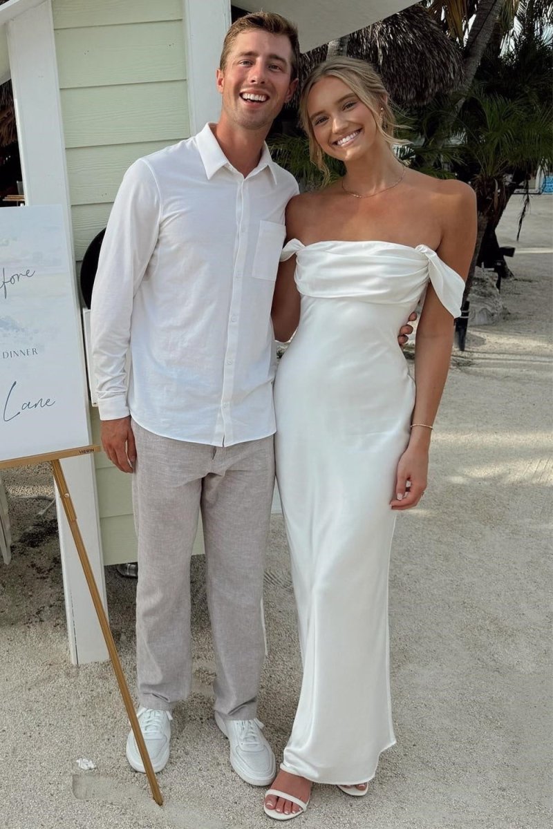 Finara | Coral - Off The Shoulder Sheath Satin Long Prom Dresses - KissProm