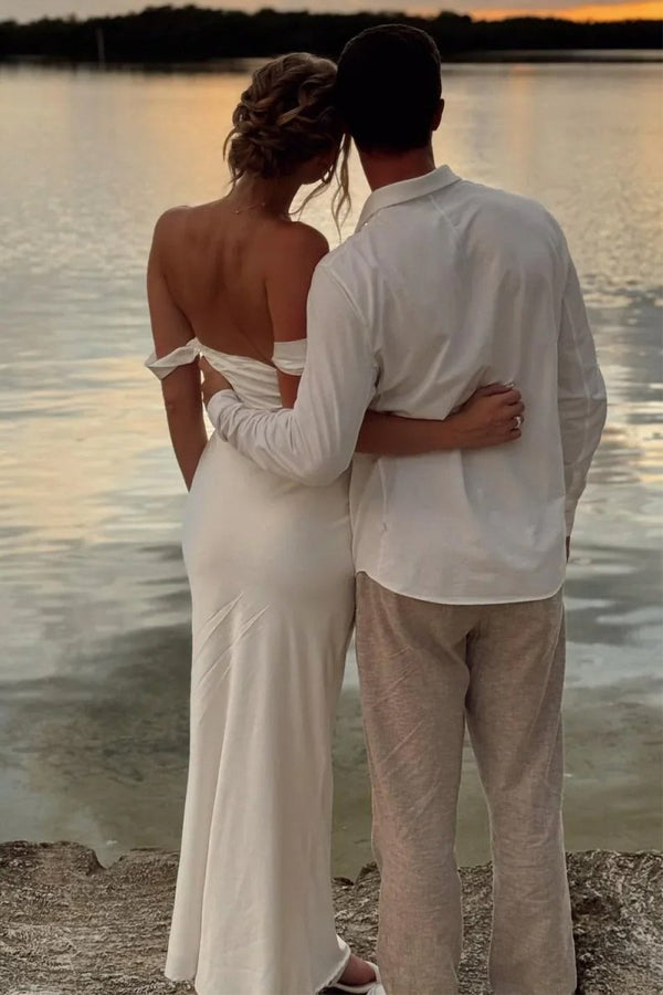 Finara | Coral - Off The Shoulder Sheath Satin Long Prom Dresses - KissProm